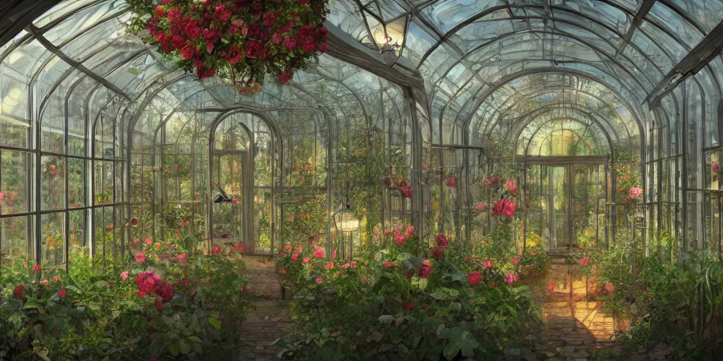 Prompt: glass greenhouse, another world, birds, roses, fairy tale, evening lights, highly detailed, low angle view, artstation, mysterious, comfort, in the style of aetherpunk