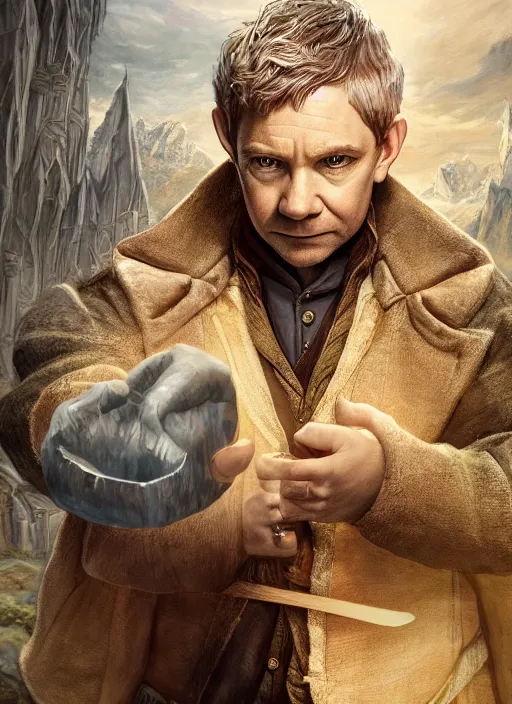 Image similar to A fantasy comic book style portrait painting of Martin Freeman as a hobbit mage in a stunning fantasy fortress, unreal 5, DAZ, hyperrealistic, octane render, RPG portrait, dynamic lighting