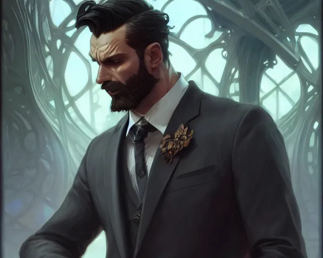 Prompt: handsome and brutal man in suit, deep focus, turnaround, fantasy, intricate, elegant, highly detailed, digital painting, artstation, concept art, matte, sharp focus, illustration, hearthstone, art by artgerm and greg rutkowski and alphonse mucha.