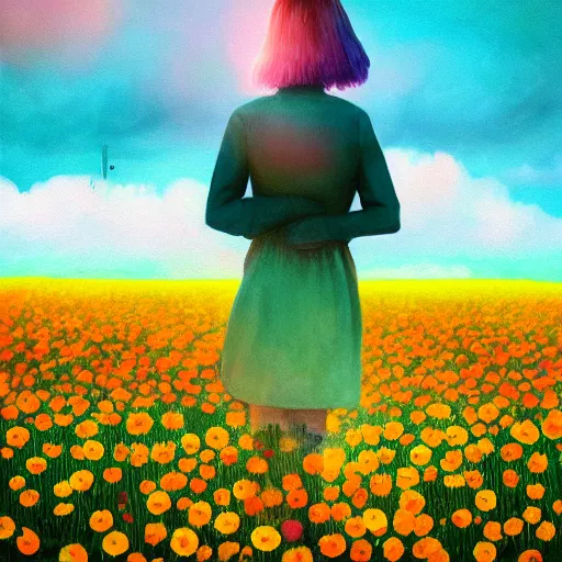 Image similar to girl walking in flower field, daisy flower as a face, full body, surreal photography, sunrise, impressionist painting, colorful clouds, digital painting, artstation, simon stalenhag, flower face