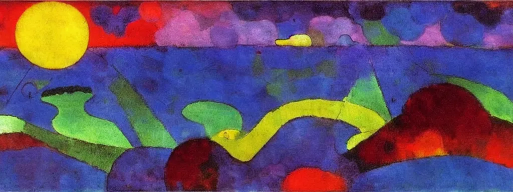 Image similar to Psychedelic sci-fi dreamworld. Landscape painting. Organic. Winding rushing water. Waves. Clouds. Emil Nolde. Paul Klee.