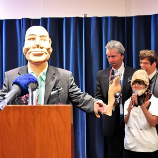 Image similar to press conference with puppeteer using marionette of a president in a podium