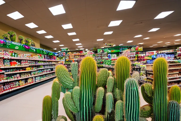 Prompt: 2001 y2k grocery store made of cactus, 85mm f/11 interior photography two point perspective,