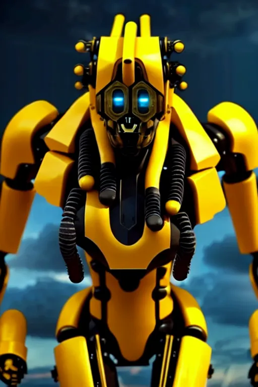 Image similar to a cinematic still from westworld, full body yellow mech bumblebee, humanoid servo, octane render, nvidia raytracing demo, masterpiece, aged armor plating, aggressive head,