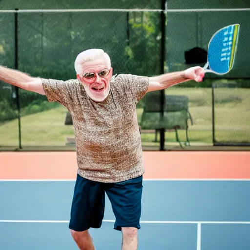 Prompt: an old man white hair and circular glasses holding a pickleball paddle and jumping in the air, 8 k photograph