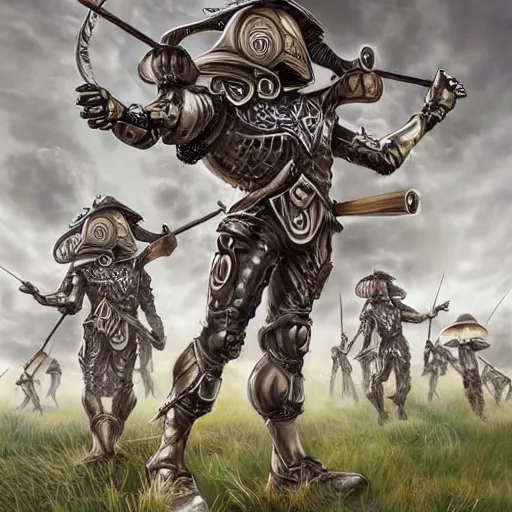 Image similar to cybernetic mushroom archers with medieval armor, digital art, 4K, very detailed