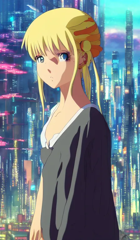 Image similar to anime fine details portrait of Sakuna in front of cyberpunk moder city landscape on the background deep bokeh, close-up view, anime masterpiece by Studio Ghibli. 8k, sharp high quality anime, artstation