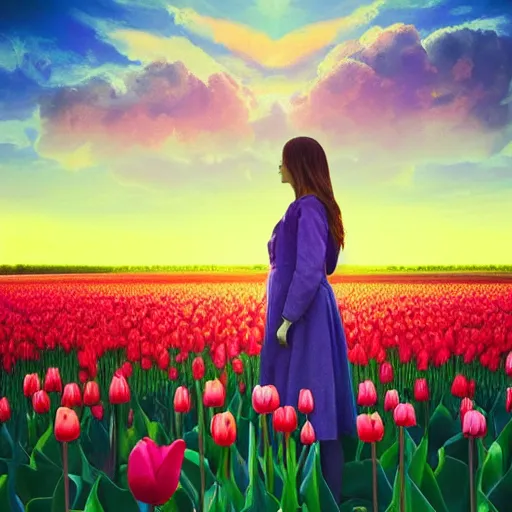 Image similar to large tulip in front of face, girl standing in a flower field, surreal photography, sunrise dramatic light, impressionist painting, colorful clouds, digital painting, artstation, simon stalenhag, flower face