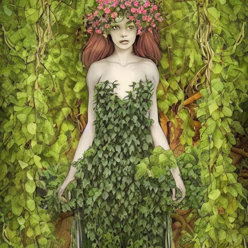 Prompt: a girl being overgrown by vines and flowers, fully clothed, content, in the style of lise deharme.