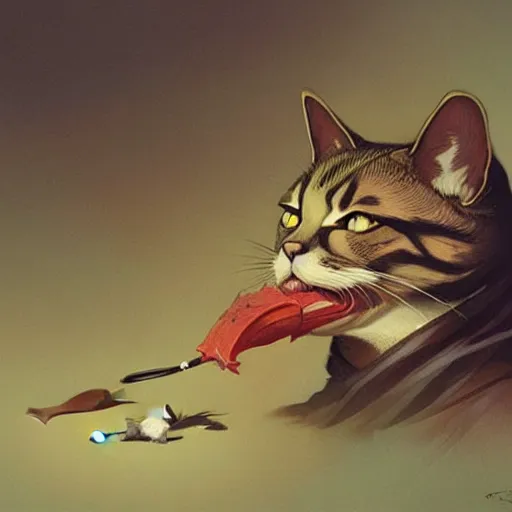 Image similar to cat eating a duck head, highly detailed, digital painting, artstation, concept art, sharp focus, illustration, art by greg rutkowski and alphonse mucha