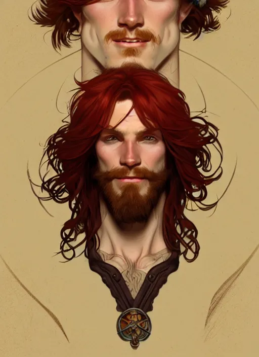 Image similar to portrait of a young ruggedly handsome but joyful pirate, male, masculine, full body, red hair, long hair, d & d, fantasy, intricate, elegant, highly detailed, digital painting, artstation, concept art, matte, sharp focus, illustration, art by alphonse mucha