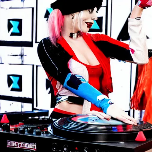 Prompt: harley quinn on the dj decks