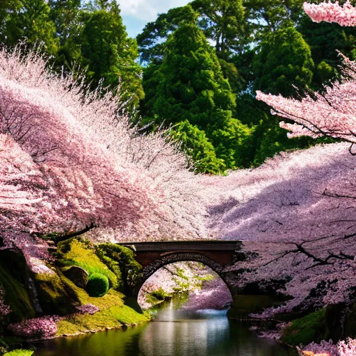 Prompt: a beautiful garden of cherry blossom trees with waterfalls and streams with a gorgeous bright sun, 8 k, highly detailed, high quality, best camera,