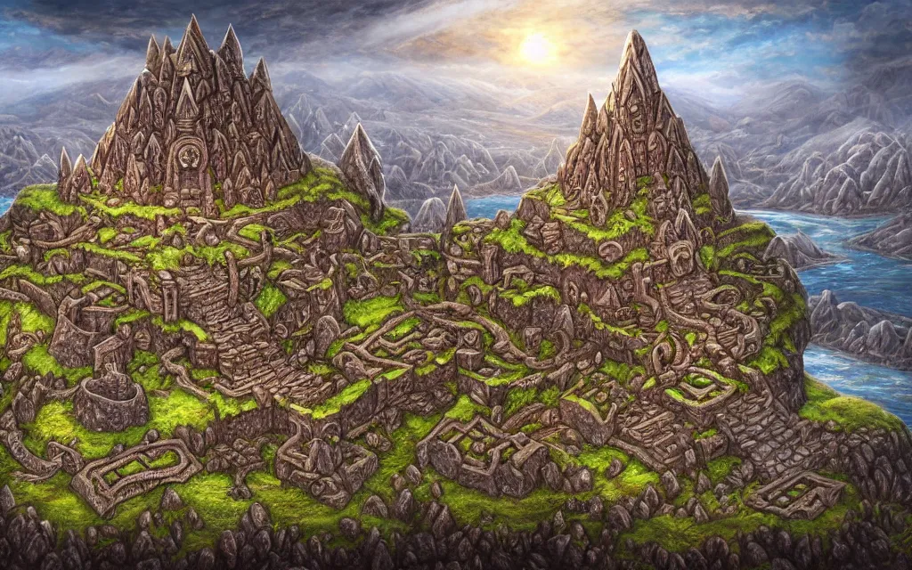 Prompt: an epic fantasy landscape painting of dwarven headquarters chiseled into a hill, covered in runes, surrounded by rivers, square stonecut detailing, giant steel anvils, deep halls, torches, siege weapons, vibrant gemstones, extremely intricate, high readablity, sharp focus, 4 k, 8 k