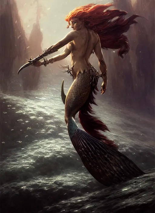 Image similar to a fierce mermaid warrior under water, fantasy character portrait, ultra realistic, concept art, intricate details, highly detailed by greg rutkowski, gaston bussiere, craig mullins, simon bisley