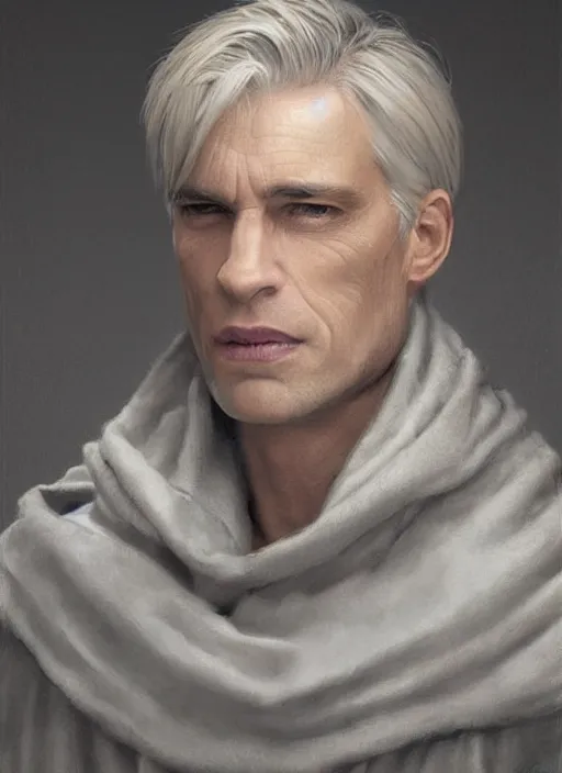 Prompt: a clean shaven man aged 4 0 with tousled blonde hair and hazel eyes and a friendly expression. he is handsome and wearing a grey cloak. head and shoulders portrait painting by greg rutkowski and raymond swanland.