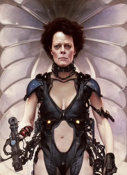 Prompt: Sigourney Weaver as cyberpunk girl, portrait, intricate, elegant, highly detailed, centered, digital painting, artstation, concept art, smooth, sharp focus, illustration, art by artgerm and donato giancola and alphonse mucha