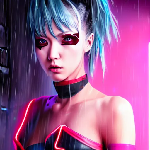 Prompt: An epic comic hyperrealistic portrait anime painting of a cyber warrrior girl wearing futuristic wardrobe, black and reddis, ultradetailed face expression trending on artstation and artbreeder, cyberpunk 2077 color, heavy rainning at tokyo night, neon light rooftop, unreal 5, DAZ, 8k, unreal 5 engine render, cosplay, RPG portrait, final fantasy Vll world concept, dramatic lighting, rim lights, PS5 render quality