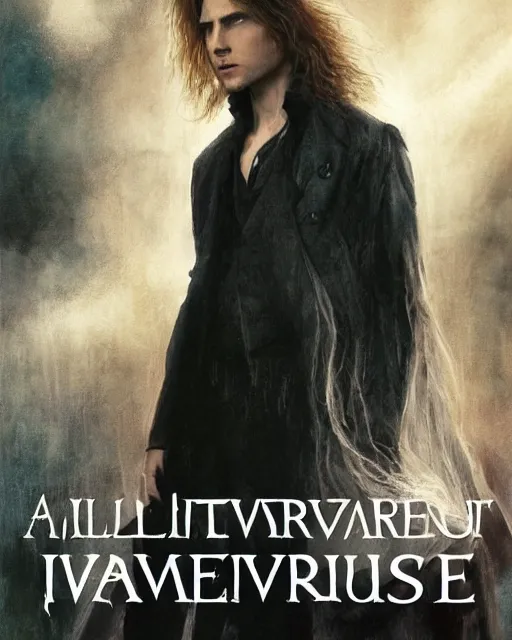 Image similar to alternate cover art for the movie interview with a vampire starring a long haired blonde tom cruise as lestat de lioncourt portrait, face centered portrait, confident, unused design, nightmare world, fog, rain, volumetric lighting, realistic illustration, perfectly shaded, soft painting, art by krenz cushart and wenjun lin