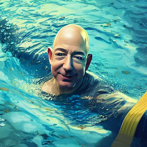 Prompt: jeff bezos swimming in a pool of cash, 4 k, photography, extremely detailed, digital art, trending on artstation, greg rutkowski, cinematic lighting, hyperrealistic