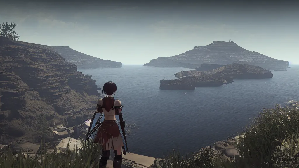 Prompt: Screenshot from Nier Automata, beautiful landscape in Santorini