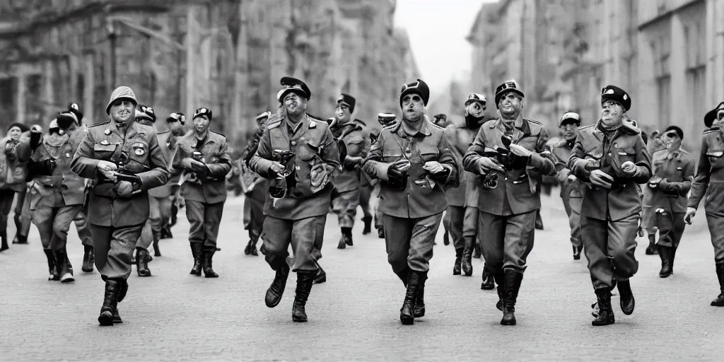 Image similar to german forces as minions from despicable me winning world war 2 and parading through berlin, hyper realistic, award winning photo, award winning, sharp focus, black and white