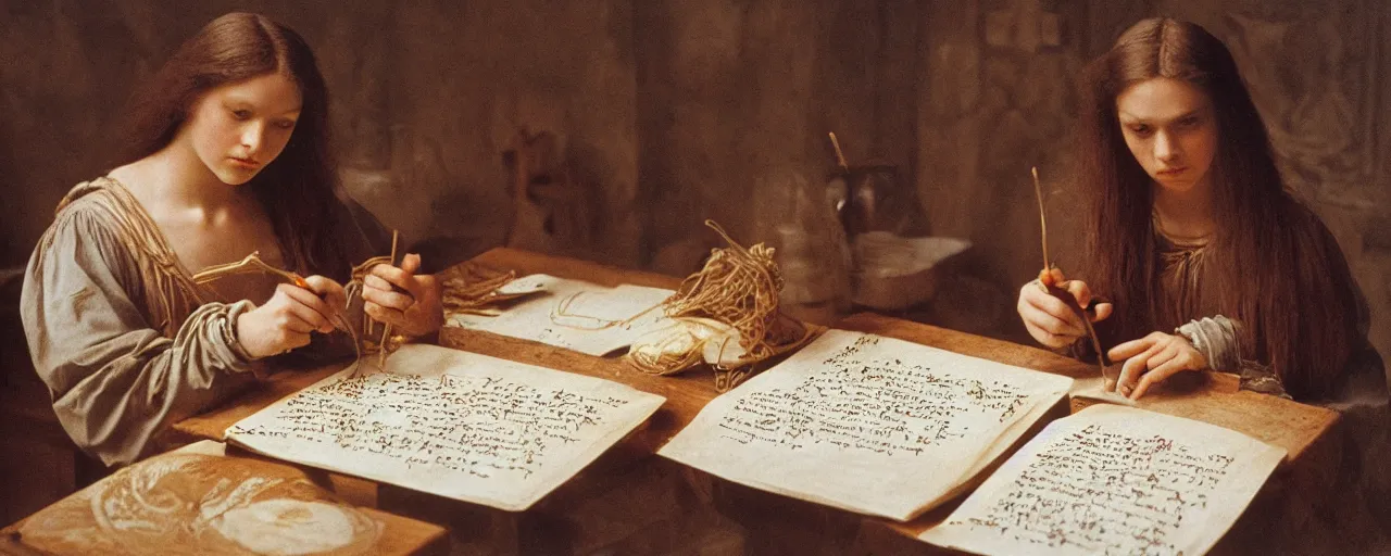 Image similar to leonardo da vinci studying spaghetti, note taking, small details, intricate, canon 8 0 mm, cinematic lighting, wes anderson film, kodachrome