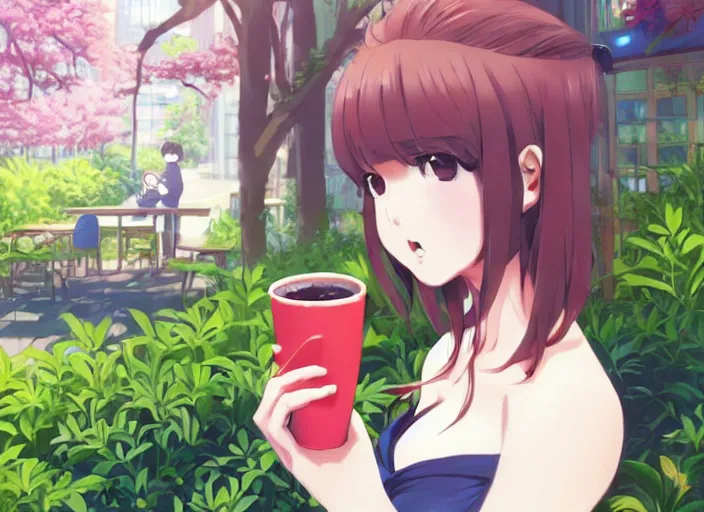 Image similar to a cute young anime woman drinking coffee at a outdoor cafe, lush overgrowth, ivy, foliage, flowers, cute face by ilya kuvshinov, makoto shinkai, kyoani, masakazu katsura, dynamic pose, gelbooru, danboor, rounded eyes, anime poster, cel shaded, detailed facial features