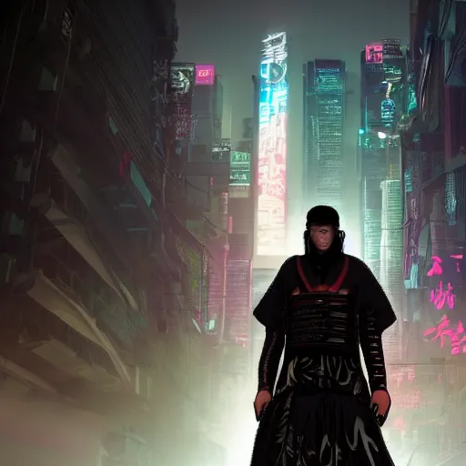 Prompt: cyberpunk samurai in a dytopian future, ultra realistic, fog