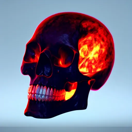 Image similar to a highly detailed human skull on fire in front of a glowing red background, 3 d, highly detailed, digital art, artstation, concept art, initimate lighting, strong bokeh, trending