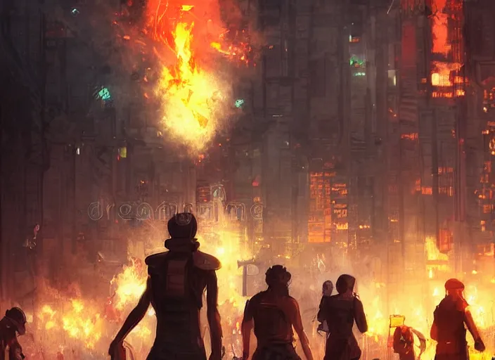 Image similar to protesters holding placards, detailed digital illustration by greg rutkowski, fire, android netrunner