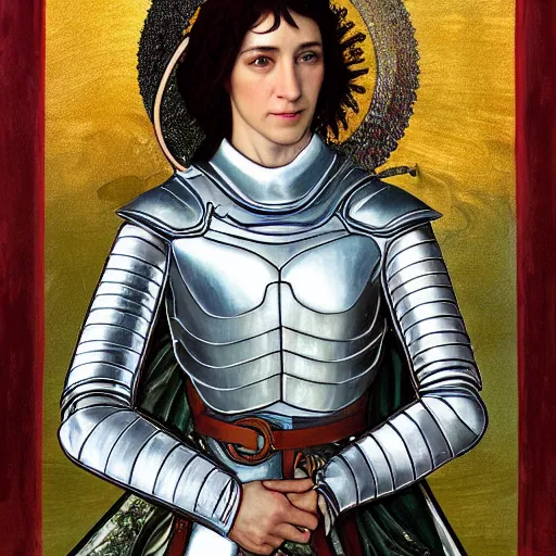 Image similar to portrait of charlotte gainsbourg as joan of arc in armor, hyperrealistic digital painting, iconography influenced by alphonse mucha and eugene delacroix, arstation and deviantart trends, high resolution 8 k