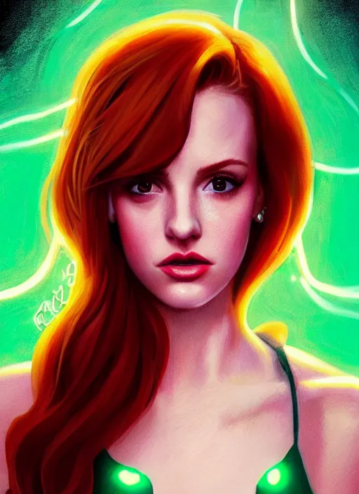 Image similar to full body portrait of teenage cheryl blossom, bangs, green eyes, mischievous expression, red hair, sultry smirk, bangs and wavy hair, intricate, elegant, glowing lights, highly detailed, digital painting, artstation, concept art, smooth, sharp focus, illustration, art by wlop, mars ravelo and greg rutkowski