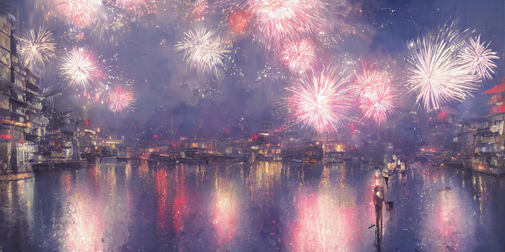 Prompt: anime kyoto animation key by greg rutkowski night, fireworks festival at river bank, kimono