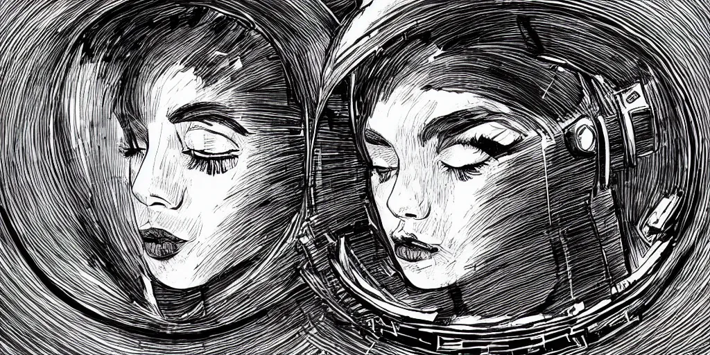 Image similar to ink lineart drawing of a beautiful young woman wearing a space helmet, dark lips, round eyes, space background, artstation, etchings by goya, chinese brush pen, illustration, high contrast, deep black tones contour