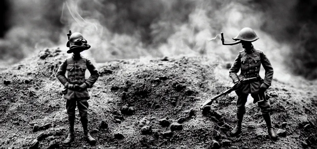 Prompt: smoke, tilt shift wwi alien pondering over a dug out trench, dramatic light, zdzidaw, ultrafine, hyperrealistic, vintage, 3 2 k, retro, 3 5 mm film still, movie