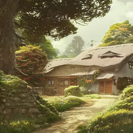 Image similar to concept art painting of an english european cottage with japanese architecture, in the woods, cozy, realistic, detailed, cel shaded, in the style of makoto shinkai and greg rutkowski and james gurney