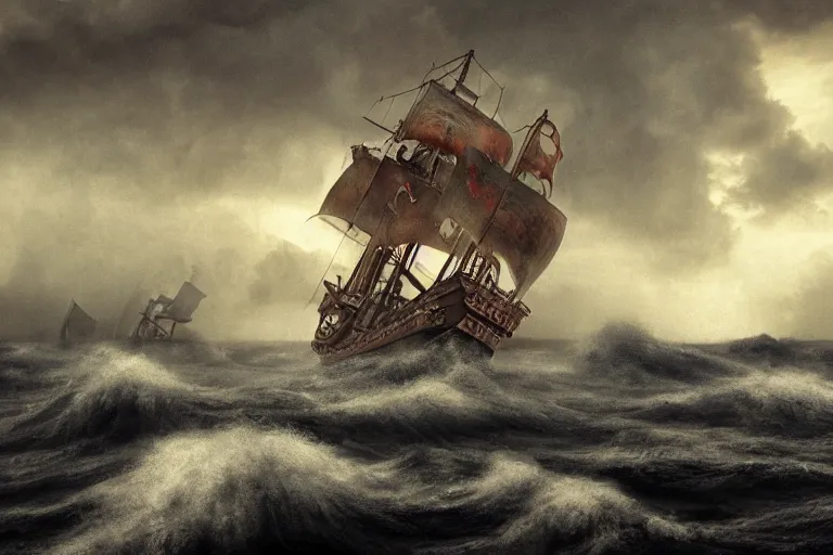 Image similar to epic pirate ship in a storm, sighting the kraken, in the style of vernon grant and chris van allsburg, trending on artstation, bright tilt - shift camcorder effect, photoshop, retrowave, hyperrealism,