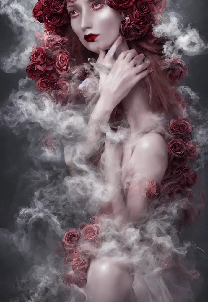 Prompt: surreal, beautiful, haunting young woman made out of smoke and clouds, ghost, apparition, red lips, in victorian aristocrat, detailed gorgeous face, flowing hair, vaporwave aesthetic, synthwave long luxurious gown made out of pearls, hair done up with flowers and ribbons, digital art, butterflies, birds, digital painting, artstation, concept art, smooth, sharp focus, illustration, art by artgerm and greg rutkowski and alphonse mucha
