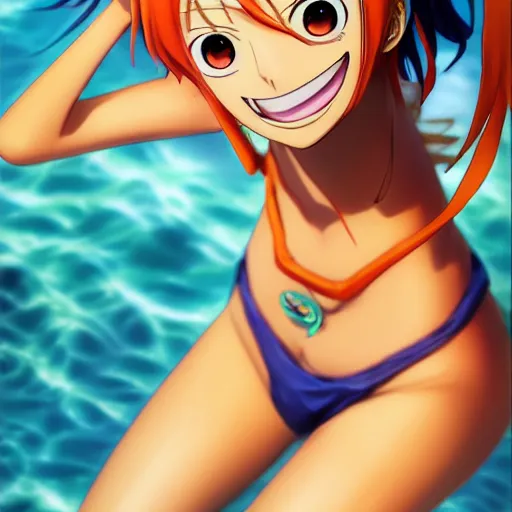 Image similar to anime portrait of Nami from One Piece as an anime girl, cute smile, orange bikini, by Stanley Artgerm Lau, WLOP, Rossdraws, James Jean, Andrei Riabovitchev, Marc Simonetti, and Sakimichan, trending on artstation