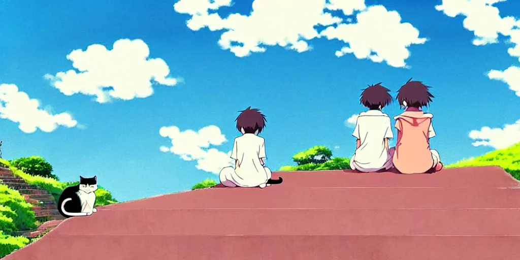 Image similar to the girl and the cat, sitting on stairs. morning in a small village in the mountains, rocky roads, beautifull puffy clouds. anime, studio ghibli. intricate, beautiful, cinematic