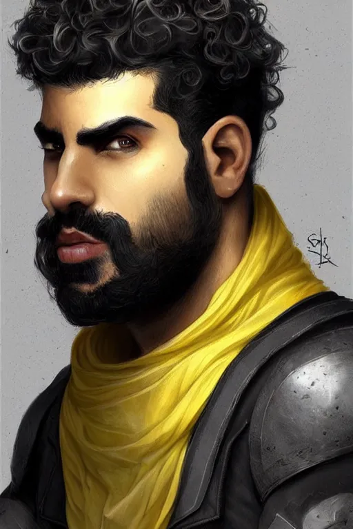 Prompt: Arab man light beard, curly hair, knight, hero, leather , yellow and charcoal, character concept art, costume design, trending on artstation, Artgerm , WLOP