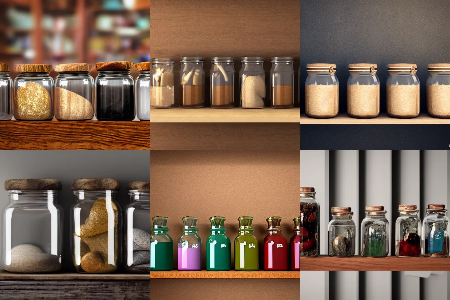 Prompt: keeping multiple universes in jars on a wooden shelf, 4 k, photorealistic