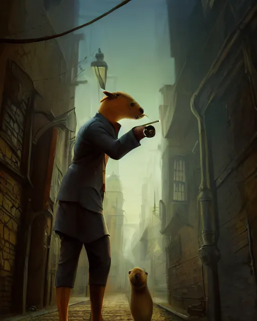 Image similar to oil painting of anthropomorphized capybara holding a smoking pipe, detective clothes, close shot, full body, dark london alley background, sharp focus, fantasy style, octane render, volumetric lighting, 8k high definition, by greg rutkowski, highly detailed, trending on art Station, dungeons and dragons artwork, centered