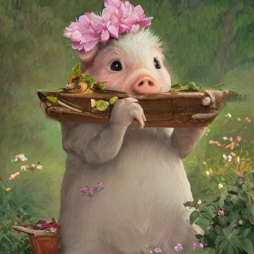 Image similar to cute and adorable little piggy 🐷 doing some gardening wearing a cute hat, highly detailed, digital painting, artstation, concept art, smooth, sharp focus, illustration, art by artgerm and greg rutkowski and alphonse mucha