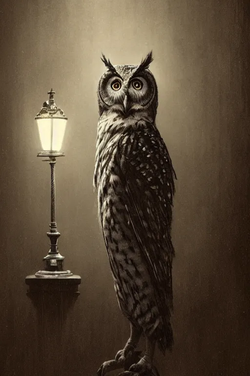 Image similar to wet plate photograph of an anthropomorphic owl standing alone in the waiting room of a victorian - era brothel, dramatic lighting, highly detailed, digital painting, artstation, concept art, smooth, sharp focus, illustration, art by wlop, mars ravelo and greg rutkowski