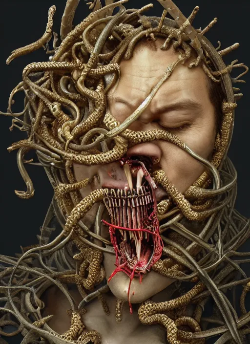 Prompt: portrait of king arthur knight medusa cyborg feeding from a mouth tube, kintsugi, modern fine art, fractal, intricate, elegant, highly detailed, digital photography, subsurface scattering, by jheronimus bosch and carravagio and greg rutkowski,