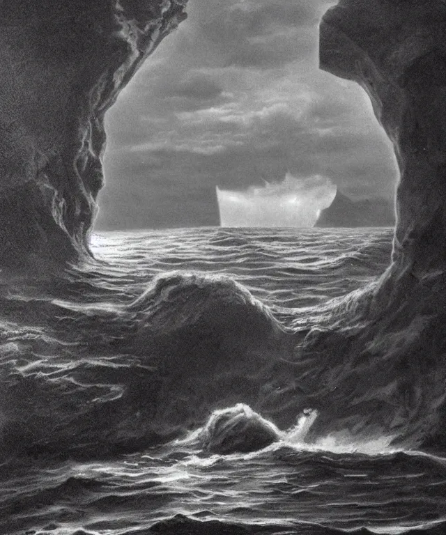 Prompt: realistic photo of a 1 9 2 5 seiner sailing near a tropical skull - shaped cliff with the mouth of a sea cave at the waterline, dark, brooding, atmospheric, lovecraft, horror, smooth, epic, highly detailed, cinematic, by richard corden