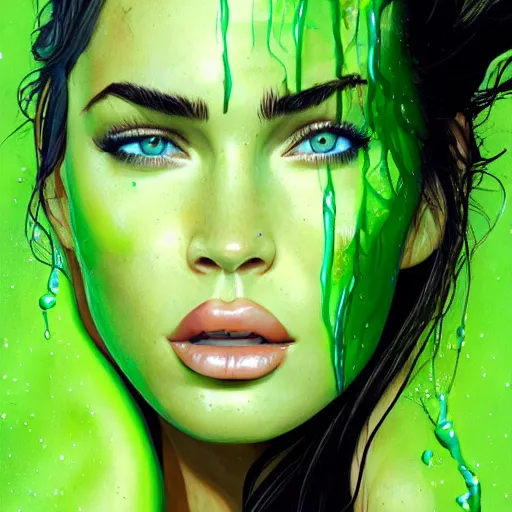 Prompt: megan fox closeup of face dripping green goo. hyperrealistic portrait, photo realistic, poster, artstation, volumetric lighting, digital art, very detailed face by magali villeneuve