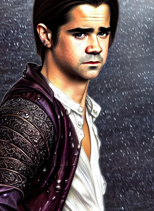 Image similar to teen colin farrell as a modern - day aristocrat wearing dress boots, detailed face, d & d, wet, shiny, fantasy, intricate, elegant, hyper detailed, ultra definition, photoreal, artstation, unreal engine rendered, concept art, smooth, sharp focus, illustration, art by artgerm and greg rutkowski and alphonse mucha and garis edelweiss